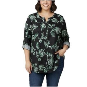 Catherines Black Green Floral Button Up 3/4 Sleeve Y Neck Blouse Size 4X